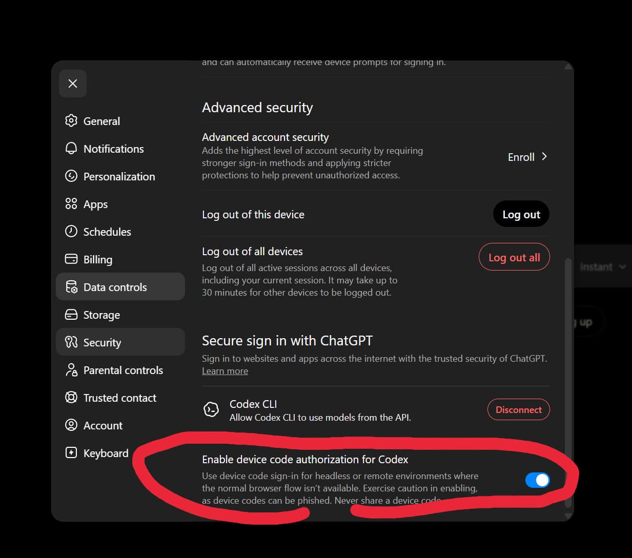 ChatGPT device code authorization setting