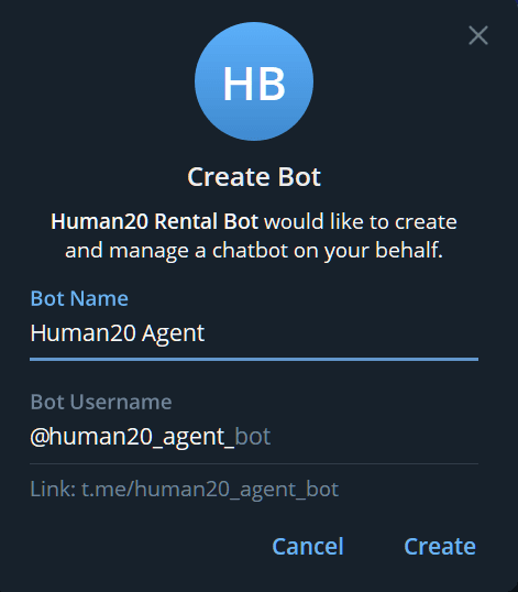 Создание Telegram-бота через Human20RentalBot